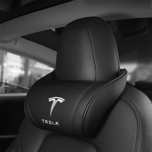 for Tesla Headrest Leather Hanging Logo Seat Pillow Neck Support Head Rest Headrest Cushion for Tesla Accessories (Black) 1PC