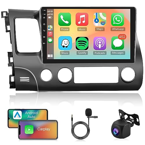 2G 32G Android Car Stereo for Honda Civic 2006 2007-2011 Apple Carplay, Rimoody 10.1 Inch Touch Screen Android Auto Car Radio with Bluetooth GPS Navigation FM HiFi WiFi + Backup Camera