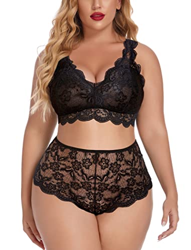 Avidlove Women Plus Size Lingerie Set Sexy Lace Bra High Waist Panty Set A-black