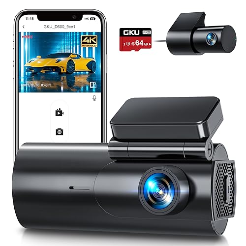 Dash Cam Front and Rear Camera, 4K/2.5K Full Dashcams for Cars with 64GB SD Card, WiFi & App Control, Night Vision, Parking Mode, G-Sensor, Loop Recording,WDR,170 Wide Angle