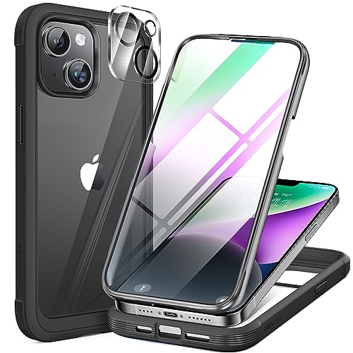 Miracase Glass Series Designed for iPhone 14 Case 6.1 inch, 2023 Upgrade Full-Body Clear Bumper Case with Built-in 9H Tempered Glass Screen Protector and Camera Lens Protector,Black