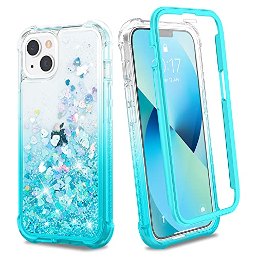 Ruky for iPhone 13 Phone Case & iPhone 14 Phone Case, Glitter Liquid Full Body Case with Built-in Screen Protector Soft TPU Girls Women Phone Case for iPhone 13 & iPhone 14 6.1, Gradient Teal