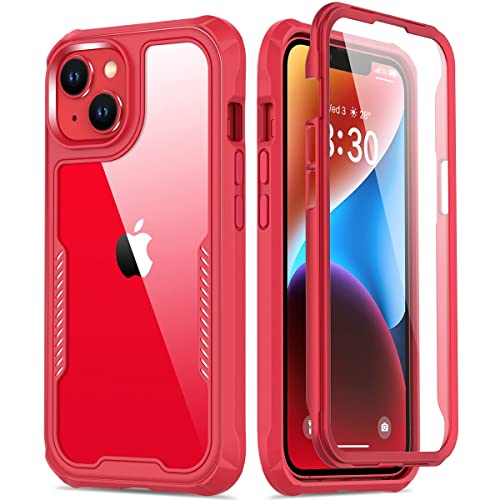 FUNMIKO iPhone 14 Case with Screen Protector,Mili-Grade Heavy Duty Protection Pass 21ft. Drop Tested Durable Slim-fit Clear Plastic Cover Protective Phone Case for Apple iPhone 14 6.1" Red