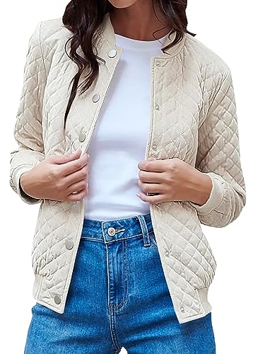 PRETTYGARDEN Womens Fall Quilted Bomber Jacket Long Sleeve Button Down Outerwear Trendy Casual Winter Coats With Pockets (Beige,Medium)