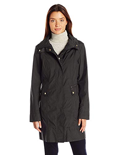 Cole Haan Women's Single Breasted Packable Rain Jacket with Removable Hood, black, Medium