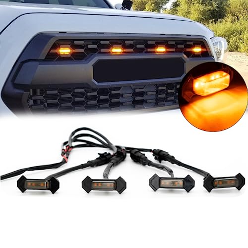 AUTOXBERT Tacoma LED Grille Lights with Harness for 2016 2017 2018 2019 Toyota Tacoma TRD PRO Front Grill Raptor Style Amber LED Lights Kit (4PCS, Amber Light with Black housing)
