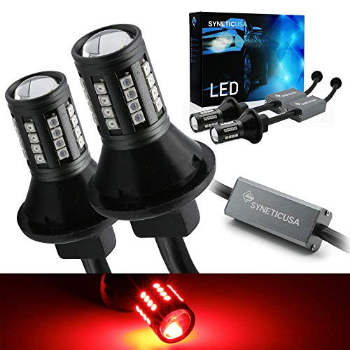 Syneticusa 3157 Error Free Canbus Ready Red LED Brake Parking Tail Stop Turn Signal Light Bulbs DRL Parking Lamp No Hyper Flash All in One With Built-In Resistors