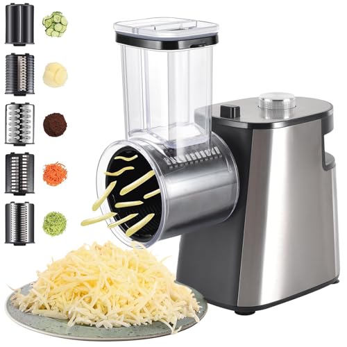 Electric Cheese Grater Vegetable Slicer 250W Professional Electric Food Vegetable Grater Shredder Nuts Grinder Salad Maker Machine Mandoline Slicer for Kitchen with 5 Interchangeable Blades