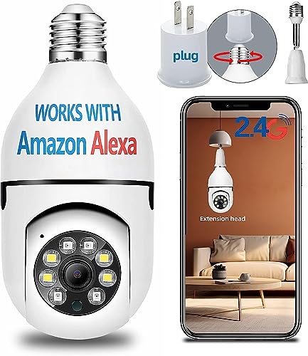 QAMY Optapower Light Bulb Security Camera,With Extension Link, Light Bulb Camera, 2.4g Wifi 360 PTZ Screw In Camera Light Socket Outdoor Works With Alexa & Google Assistant,Light Bulb Camera Outdoor