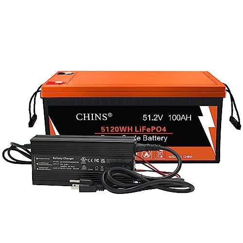 CHINS Bluetooth LiFePO4 Battery, 48V 100Ah Smart Lithium Battery | Includes 48V 10A Lithium Battery Charger | Peak Current 500A, Perfect for Golf Cart, Trolling Motor, Marine, RV etc.