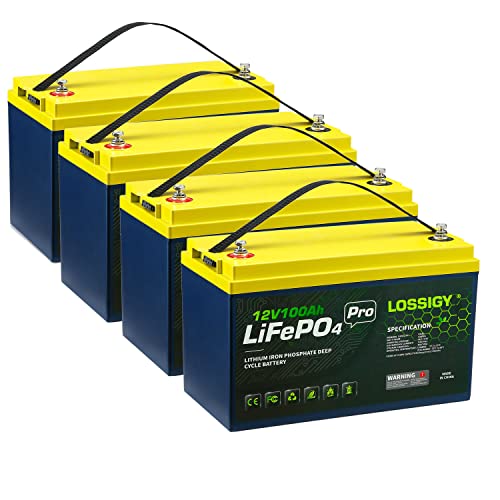 LOSSIGY 12V 100Ah Lifepo4 Lithium Battery, 1280WH with 100A BMS, Perfect for 48V Golf Cart, Home Energy Stroage, RV, Solar System, Off-Grid(4 Pack)