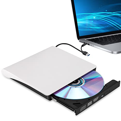 Hcsunfly External CD/DVD Drive for Laptop, Type-C CD/DVD Player USB 3.0 Portable Burner Writer Reader Compatible with Mac MacBook Pro/Air iMac Desktop Windows 7/8/10/XP/Vista (White)