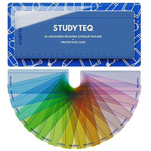 15 x Studyteq Professional Dyslexia Colored Reading Overlays and Rulers + Protective Case | Reading Tracking Rulers for Visual Stress, Dyslexia, Irlens Syndrome, and ADHD