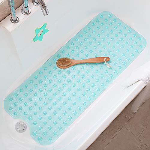 Tree Bud Bathtub Mats for Shower Tub Non-Slip Bath Mat 39 x 16 Inch Extra Long Shower Mat, Bath Tub Mat for Bathroom with Machine Washable, BPA Free for Kids (Clear Aqua)