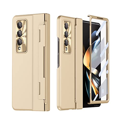 YQODSZ for Samsung Galaxy Z Fold 4 Case, [Flat Hinge Protection Cover] [Metal Camera Lens Protector] [Screen Protector] Matte Hard PC Back Cover Wireless Charging Compatible Case for Z Fold 4 - Gold