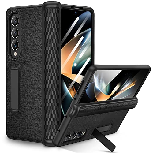 Ruky for Samsung Galaxy Z Fold 4 Case with Hinge Protection, Full Body Case with Magnetic Kickstand & Screen Protector PU Leather Protective Stand Phone Case for Samsung Galaxy Z Fold 4, Black