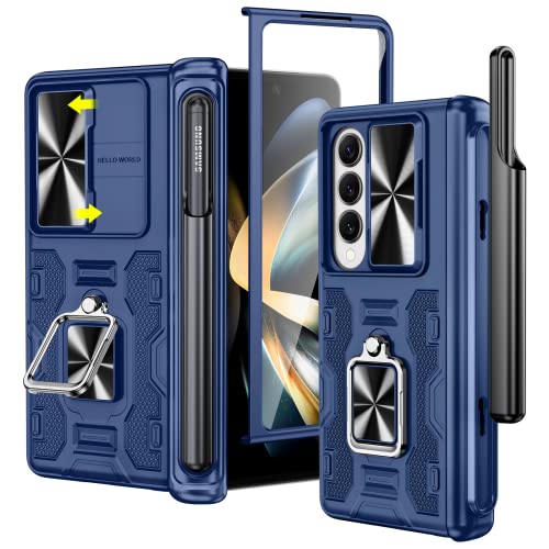 VEGO for Galaxy Z Fold 4 Case with S Pen Holder, [Hinge Protection][360Ring Magnetic Kickstand][Slide Camera Cover][Front Screen Protector] Protective Armor Case for Galaxy Z Fold 4 -Midnight Blue