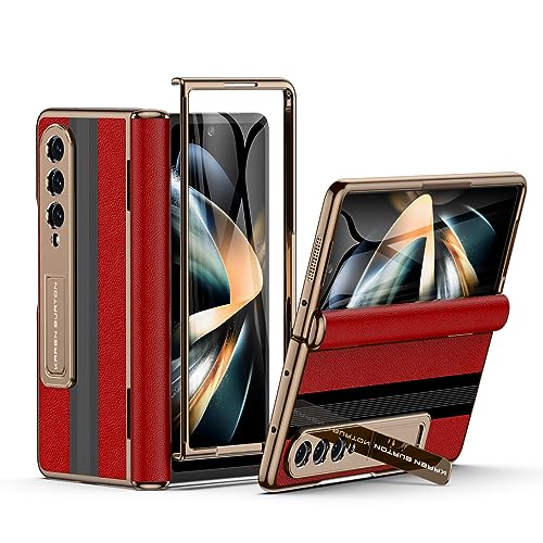 karenDon for Samsung Galaxy Z Fold 4 Phone Case [Luxury Premier Genuine Leather][Full Body Hinge Protection][Built-in Screen Protector][Kickstand Drop Proof Protective Cover] for Z Fold 4 5G (Red)