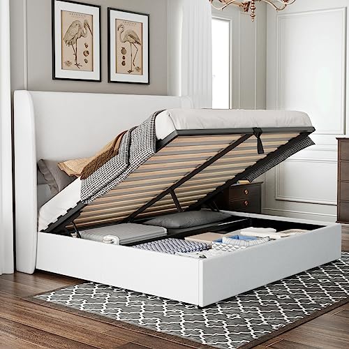 Jocisland Lift Up Storage Bed Queen Size Linen Upholstered Bed Frame with Hydraulic Storage/Modern Wingback Headboard/Wood Slats Support/No Box Spring Needed/White