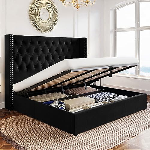 VanAcc Queen Bed Frame Lift Up Storage Bed with Headboard 51" Button Tufted Wingback/Hydraulic Lifting Storage Underneath/Wood Slats/Easy Assembly/Black