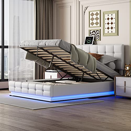 Lift Up Storage Bed Queen Size Upholstered with LED Lights and USB charger, Faux Leather Platform Frame Hydraulic System, for Kids Teens Adults (Queen Size, White)