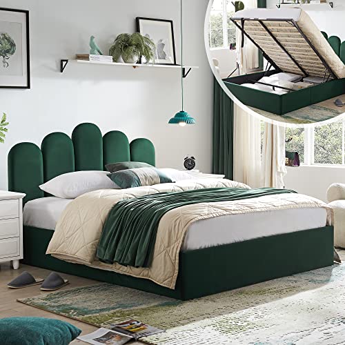 Zanmintaobo Lift Up Storage Bed Queen Size, Upholstered Platform Bed with Hydraulic Storage System & Wood Slats Support, Queen Bed Frame with Headboard, No Box Spring Needed, Easy Assembly, Green