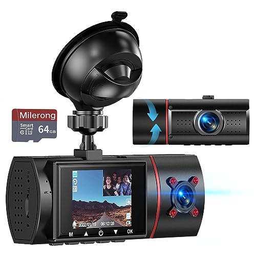 Dual Dash Cam Front and Inside with 64G SD Card,Milerong X25 1080P Dash Camera for Cars with Infrared Night Vision,Loop Recording,G-Sensor,24H Park Monitor,Inside Car Camera for Uber/Lyft/Taxi Driver