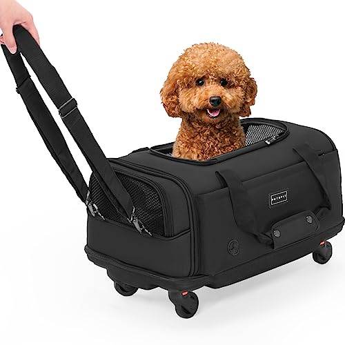 Pet Carrier Airline Approved-Upgraded Anti-Collapse Bottom & Portable Hand Strap Design, Fit for Small Dogs/Cats Easy Underseat Travel, Pet Carrier with Wheels Up to 20lbs(Black)