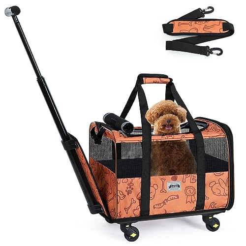 Lekesky Dog Carrier with Wheels, Airline Approved Pet Carrier for Cats Dogs 15 lbs with Telescopic Handle, Large Side Mesh Pocket and Solid Platform, Orange
