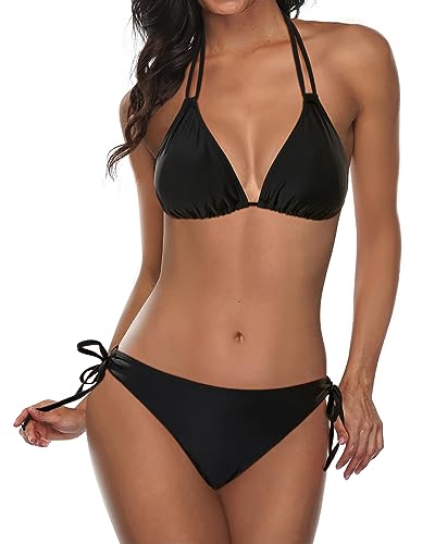 Tempt Me Women Black Two Piece Triangle Bikini Halter Swimsuit Top String Bathing Suits M