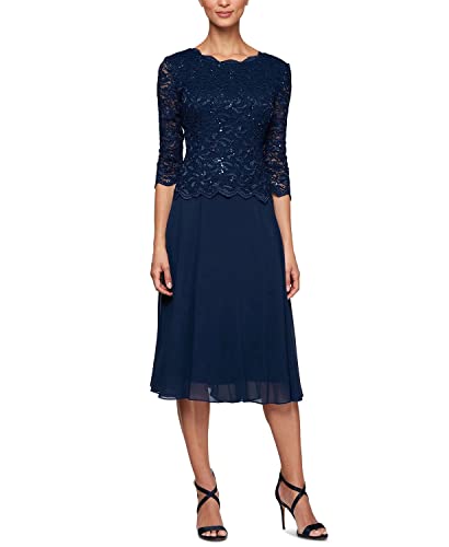 Alex Evenings Women's Tea Length Sequin Mock Dress (Petite and Regular Sizes), Navy, 12