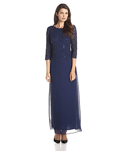 Alex Evenings Women's 3/4 Sleeve Stretch Lace Bodice Mock One Piece Gown, Navy, 12