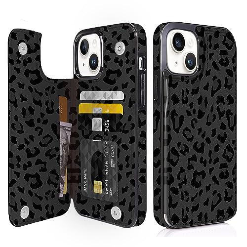 Obbii Leather Flip Case Wallet Compatible with iPhone 14 Plus 6.7" Card Holder Slim Black Leopard Sleeve Wallet with Card Slots Shockproof Protective Shell Case for iPhone 14 Plus 6.7
