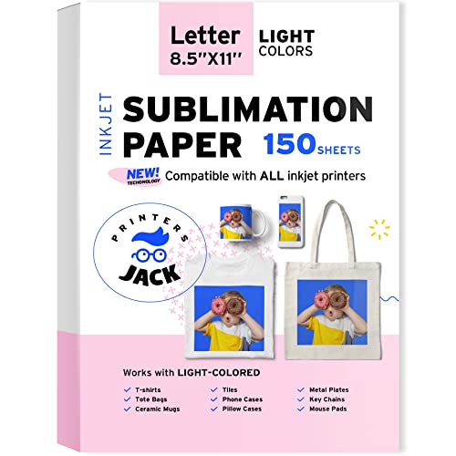 Printers Jack Sublimation Paper - 8.5 x 11 Inches, 150 Sheets 120 gsm for Any Inkjet Printer with Sublimation Ink, Heat Transfer Sublimation for T-shirt, Mugs, Light Fabric