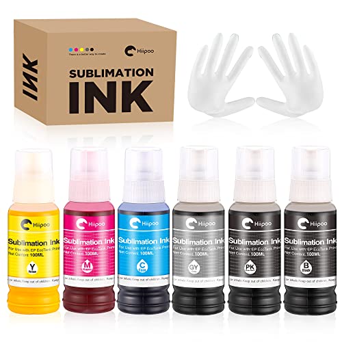 Hiipoo 600ML Sublimation Ink for EcoTank ET-8500 ET-8550 Wide-Format Supertank Printers Heat Press Transfer on T-Shirt Tumblers (6 Color, 1PK,1BK,1C,1M, 1Y, 1GY)