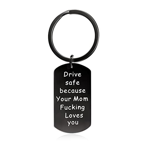 KOORASY Inspirational Birthday Keychian From Mom for Son Daughter Drive Safe Keychains Black Keyring Gifts