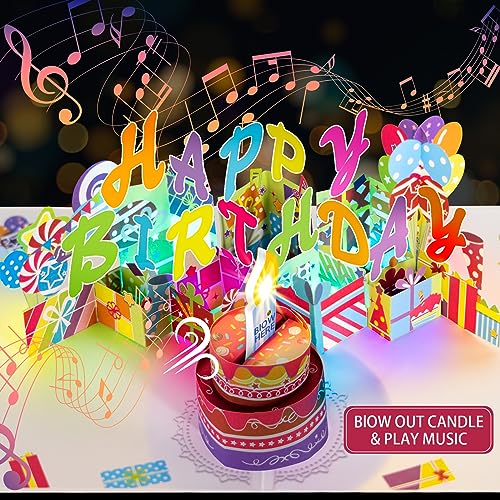 Gumry 3D Musical Birthday PopUp Card with Blowable LED Light Candle and Happy Birthday Song, 2023 Large Birthday Cake Popup Greeting Cards for Women Men Kids Husband Wife Mom Dad Daughter