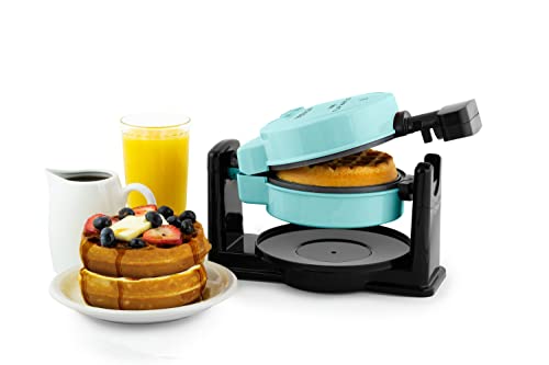 Nostalgia MyMini Flip Belgian Waffle Maker, Waffle Iron with Non-Stick Surfaces, Cool Touch Handles, & Removable Drip Tray, Makes Classic Belgian Style Waffles, Egg Bakes, Cinnamon Rolls, Aqua