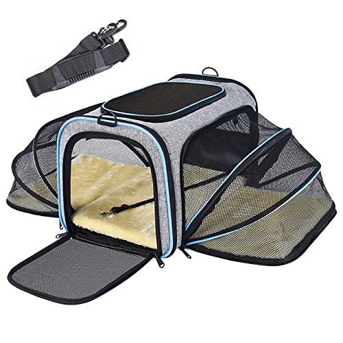 CenKinfo Airline Approved Small Dog Carrier, 2 Sides Expandable Cat Carrier with Fleece Pad TSA Approved Soft Sided Pet Travel Carrier for Kittens and Puppies,Blue