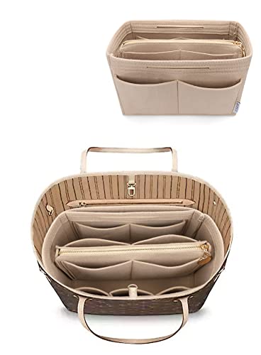 LEXSION Felt Purse Bag Organizer Insert with zipper Bag Tote Shaper Fit Speedy Neverful PM MM 8021 Beige L