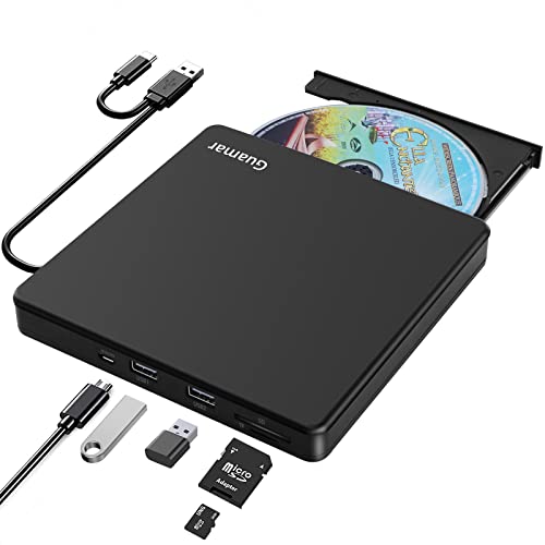 Guamar External CD/DVD Drive, USB 3.0 USB-C CD DVD +/-RW Burner CD ROM Optical Disk Drive Reader Writer with SD/TF Slot & 2 USB,Portable DVD Player for Laptop Mac Desktop PC Windows 11 MacBook Pro Air