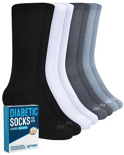 Doctor's Select Mens Diabetic Socks - 4 Pairs | Black, White, Light Gray, Gray | Neuropathy Socks for Men | Non Binding Socks | Diabetic Socks for Men 9-12 | Diabetic Crew Socks for Men