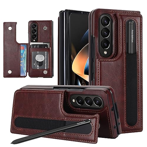 NINKI Compatible with Samsung Galaxy Z Fold 4 5G Wallet Case with Card Holder,Matte PU Leather Protective Anti-Drop Wear-Resistant S Pen Holder Cover Case with for Samsung Galaxy Z Fold 4 Brown
