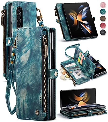 Defencase Galaxy Z Fold 4 Wallet Case, Durable PU Leather, Magnetic Flip, Wristlet, Zipper Card Holder, Blue-Green 5G