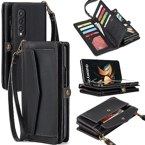 DKDKSIP for Samsung Galaxy Z Fold 4 Wallet Case for Women, RFID Blocking Card Holder, PU Leather Flip Phone Case with Crossbody Strap Wristlet Kickstand for Galaxy Z Fold 4, Black