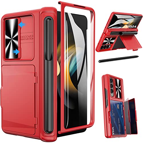 Viaotaily for Galaxy Z Fold 4 Wallet Case with S Pen Holder & Screen Protector, Built-in Card Holder & Hinge Protection Durable Sturdy Kickstand Protective Phone Case for Samsung Z Fold 4 2022, Red