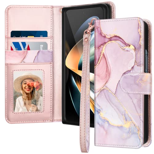 Fingic for Samsung Galaxy Z Fold 4 Case, Galaxy Z Fold 4 Wallet Case Card Holder PU Leather Detachable Wrist Strap Wallet Case for Women Cover for Samsung Galaxy Z Fold 4 5G 2022, Rose Gold Marble