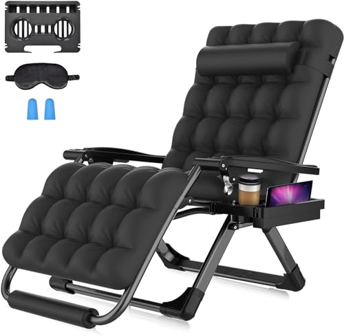 Suteck Oversized Zero Gravity Chair, 33In XXL Lounge Chair w/Removable Cushion & Headrest, Upgraded Aluminum Alloy Lock, Cup Holder and Footrest Patio Reclining Chair for Indoor Outdoor, 500lbs,Black
