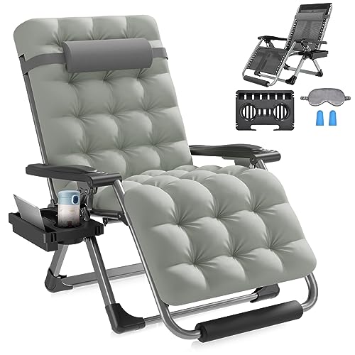 Slendor Oversized Zero Gravity Chair 29In,Gravity Recliner Chair for Indoor Outdoor,XL Padded Patio Lounge Chair with Headrest, Upgrade Aluminum Alloy Lock, Cup Holder,Support 500lbs,Grey