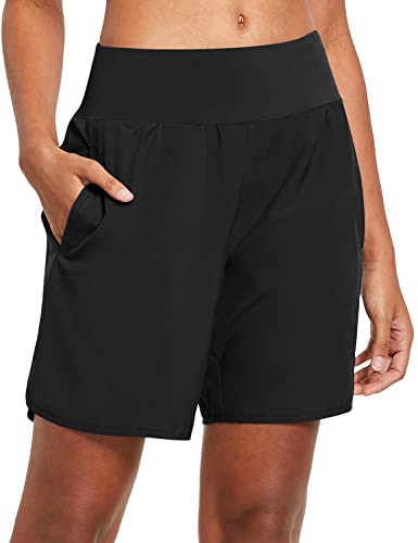 BALEAF Womens' 7" Long Running Athletic Shorts Back Zipper Pocket Workout Gym Shorts with Liner Black Size M